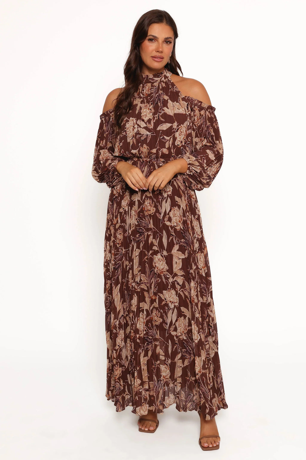 Robe longue plissée Hilary - Imprimé floral marron