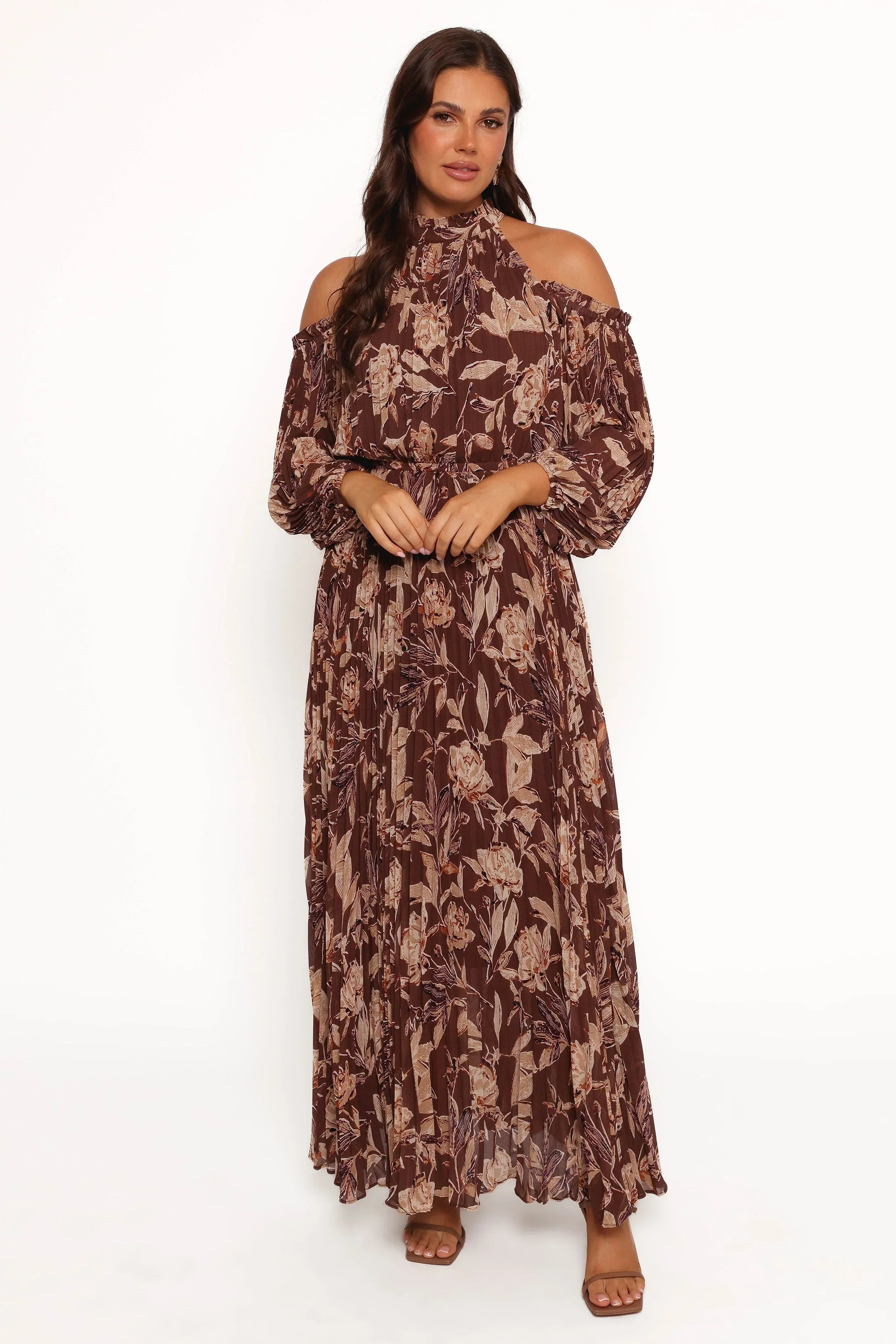 Robe longue plissée Hilary - Imprimé floral marron
