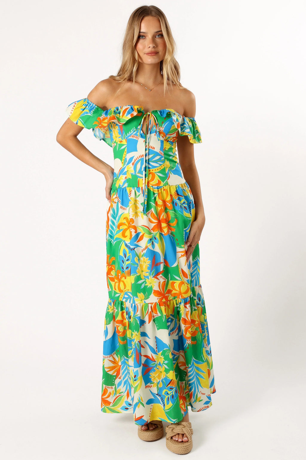 Robe longue Harriet à épaules dénudées – Imprimé Malte