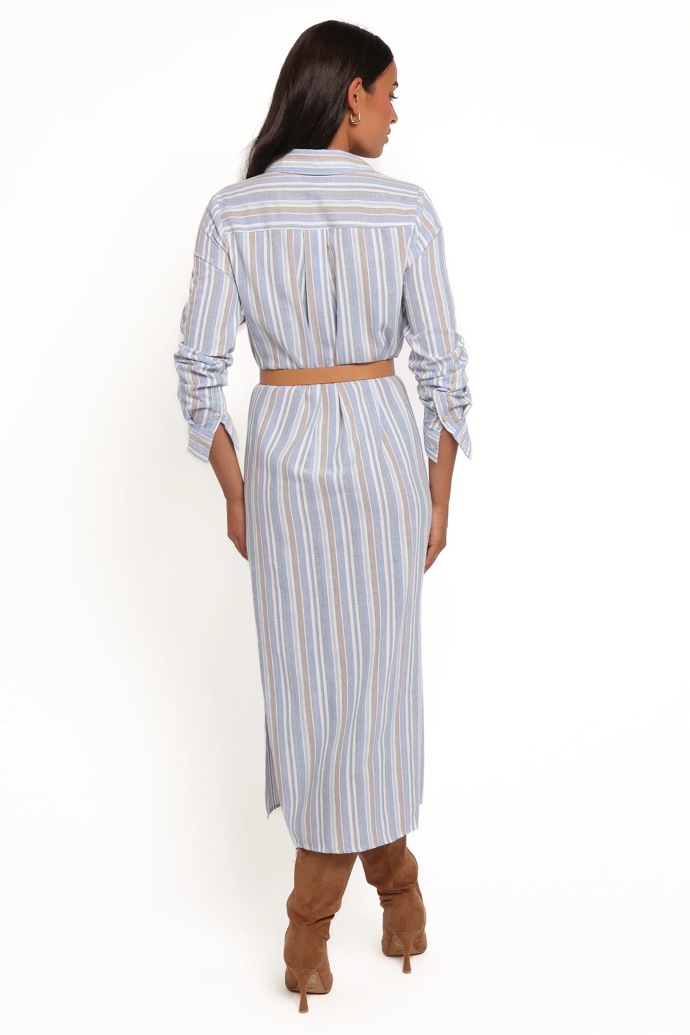Caprice Long Sleeve Button Down Maxi Dress - Blue Stripe