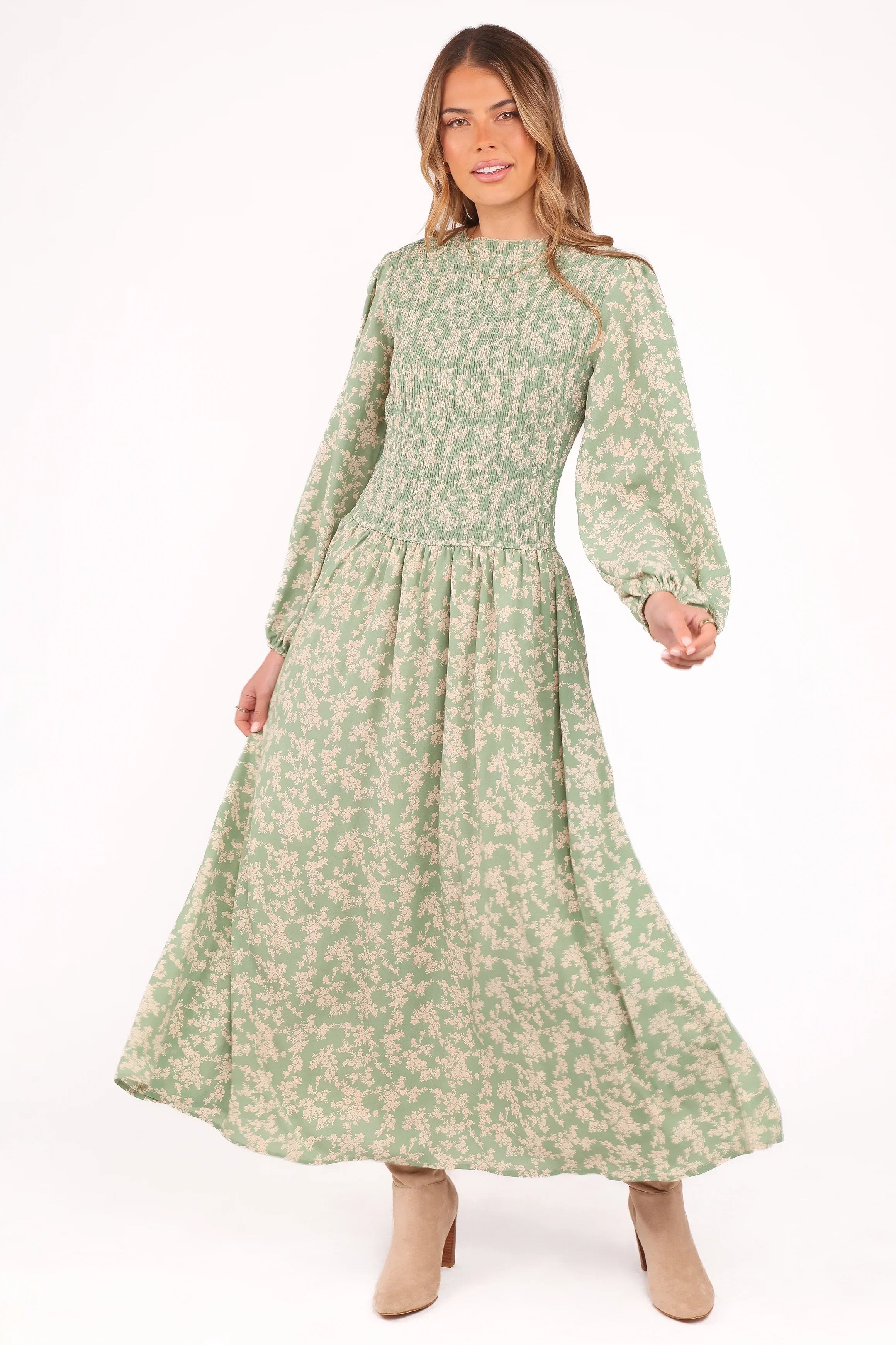 Robe midi Ashara à manches longues - Imprimé floral vert