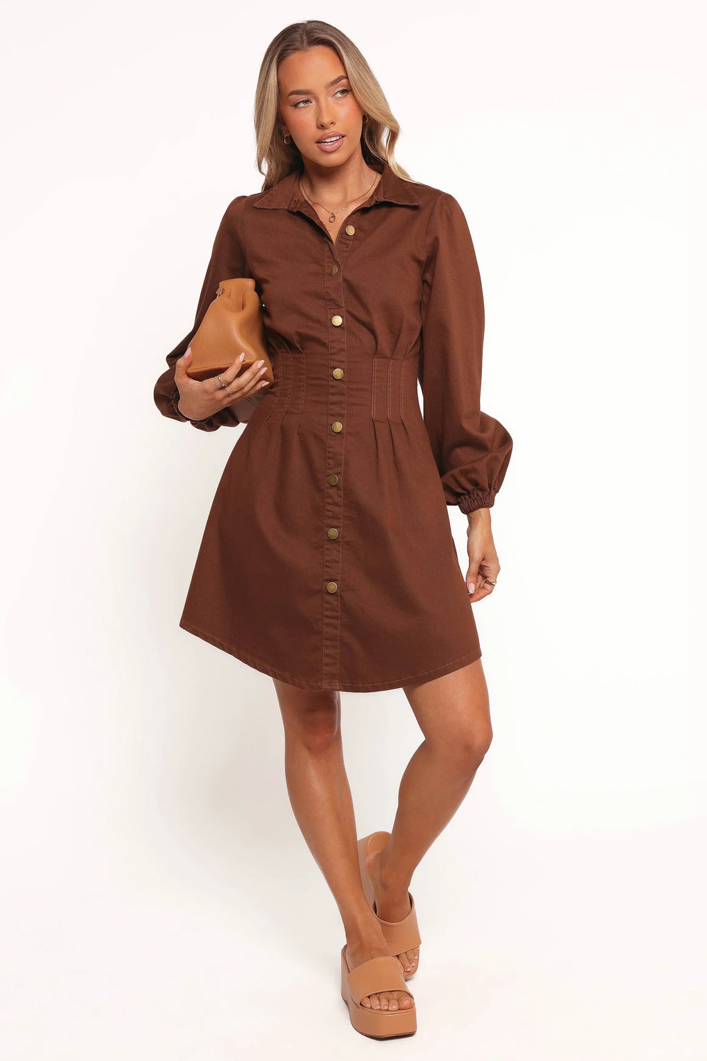 Robe courte Phoenix à manches longues – Jean marron