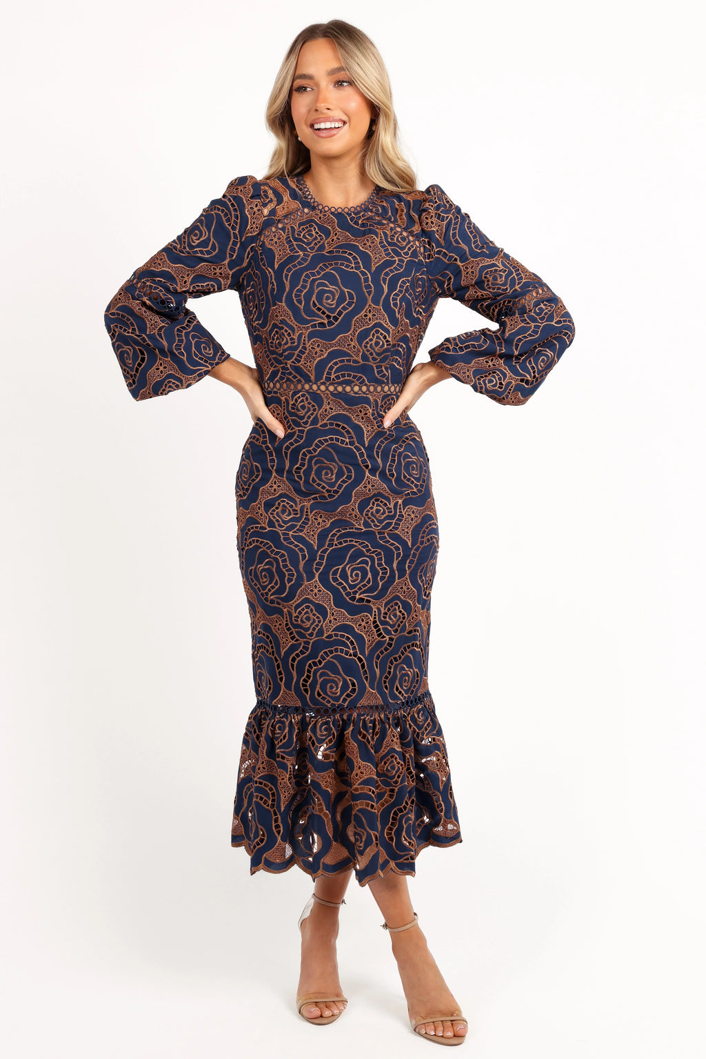 Robe longue Pierre à manches longues en dentelle - Bleu marine