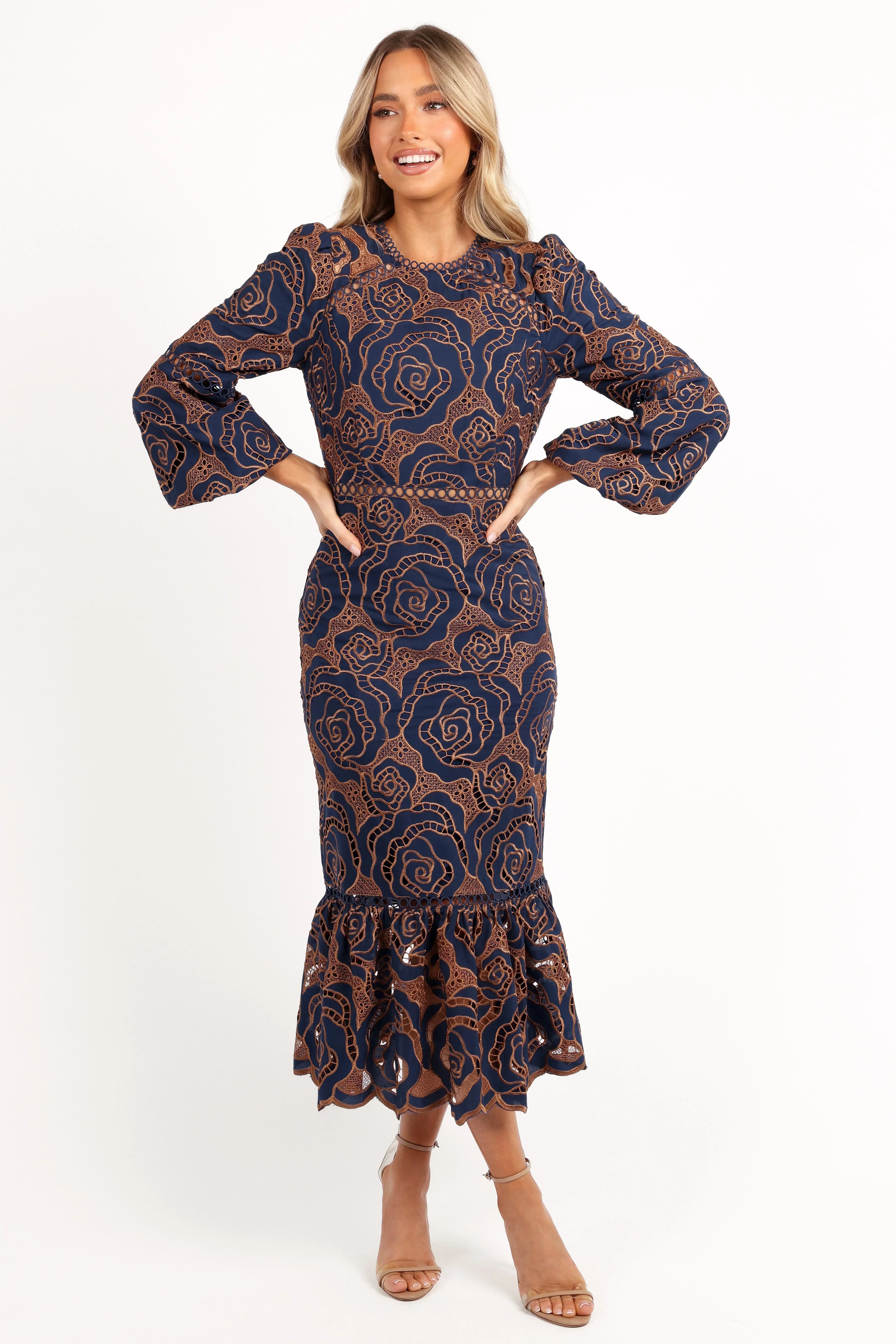 Robe longue Pierre à manches longues en dentelle - Bleu marine
