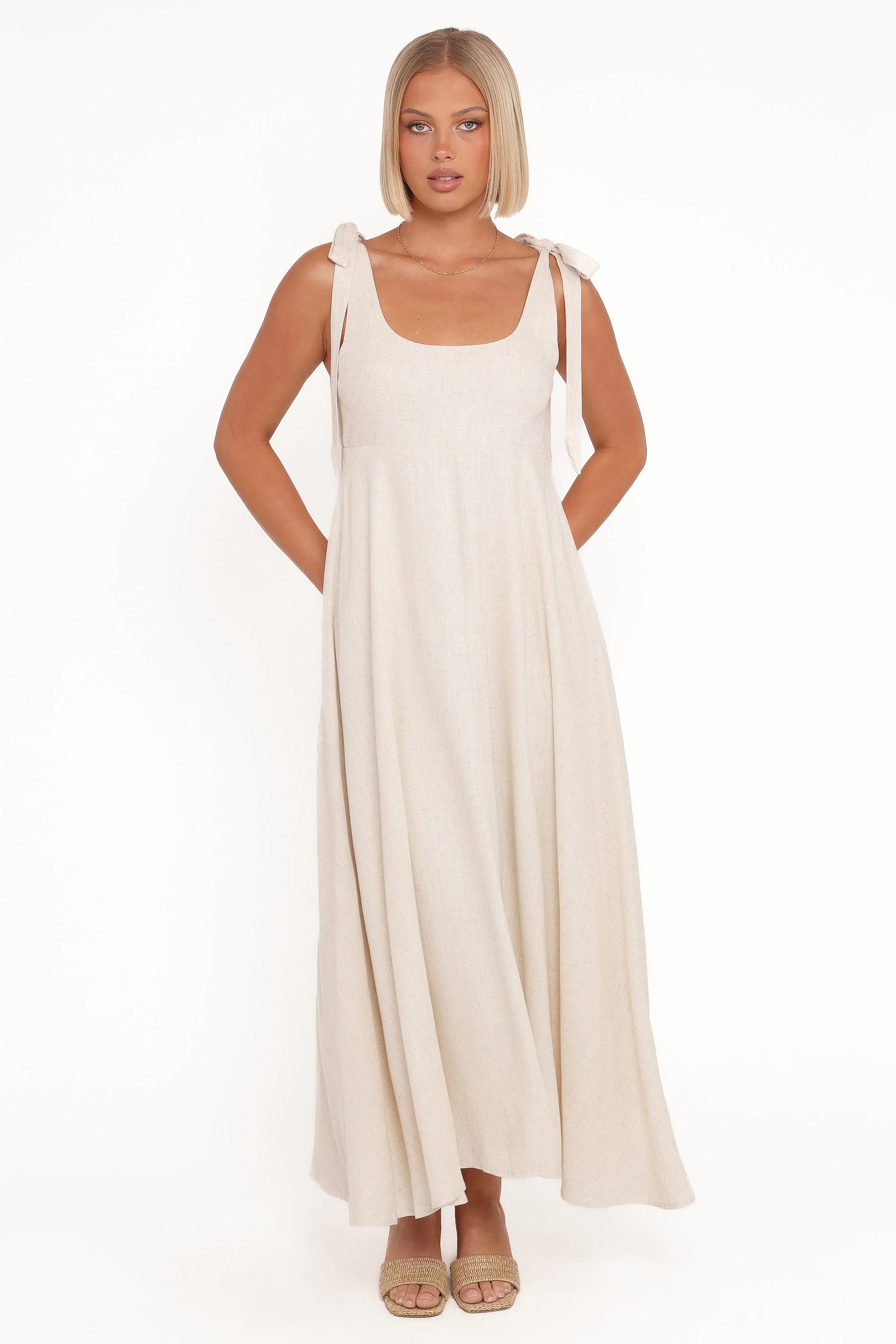 Robe longue Valara à bretelles nouées aux épaules - Avoine